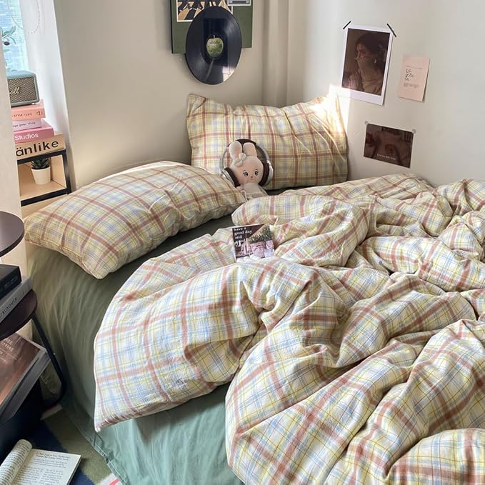 EAVD Vintage Style Buffalo Plaid Duvet Cover Twin Size 3 Pieces Grid Plaid Bedding Set Soft 100% Washed Cotton Aesthetic Gingham Duvet Cover with 2 Pillowcases Colorful Grid Checkered Bedding Set
