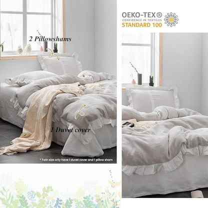 Simple&Opulence 100% Linen Duvet Cover Set (88"x92") Floral Flax Queen Size, Shabby Chic Ruffle Edge Lace Insert Decoration, 3 Pcs Farmhouse Bedding-1 Comforter Cover 1 Pillow Shams, Floral Grey
