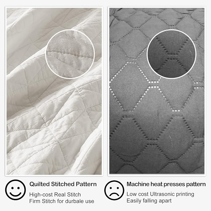 HORIMOTE HOME Quilt Set King Size, Stone-Washed Chic Rustic Cream White Coverlet with Classic Triangle Stitched Pattern, Ultra Soft Lightweight Quilted Bedspread for All Season, 3 Pieces