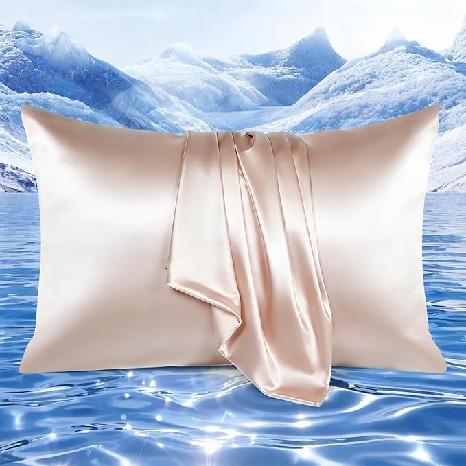 Elegear Cooling Pillow Cases for Hot Sleepers, Upgraded Arc-Chill Cooling Satin Pillowcases Q-max>0.5, Similar to Silk Pillow Cases for Hair & Skin, Luxury Zipper Pillowcase Set of 2-Queen,Champagne