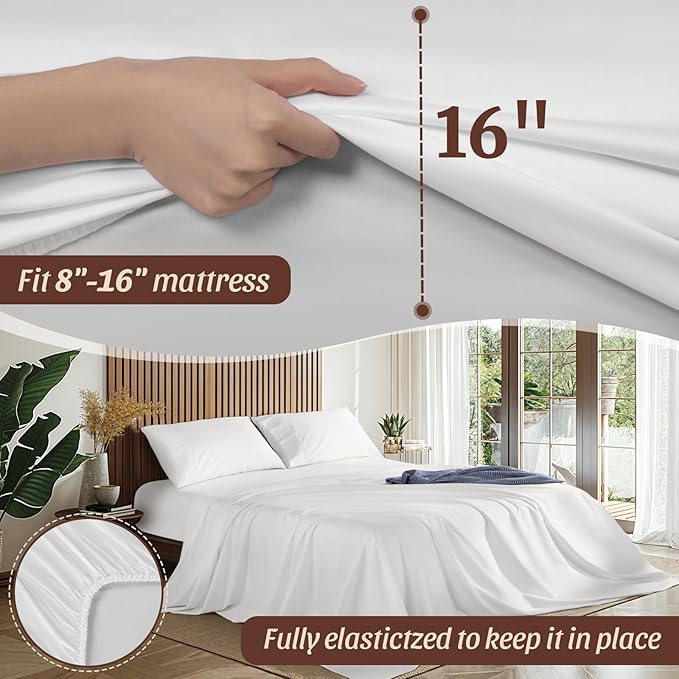 100% Egyptian Cotton Sheets 1200 Thread Count Full Size Bedding Sets 4 Pcs, Fitted Sheet Up to 16" Deep Breathable All Seasons (Full, White)
