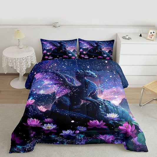 Feelyou Dragon Kids Comforter Set Twin Size Dragon Stuff Bedding Set Wild Life Duvet Quilt for Kids Boys Girls Bedroom Magic Wildlife Decor Blue Purply Ultra Soft Breathable