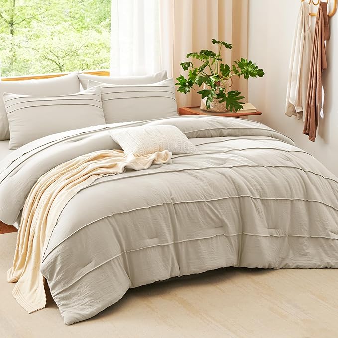 CozyLux Full Size Comforter Sets Beige, 7 Pieces Soft Pinch Pleat Bed in a Bag Full Comforter Set with Sheets, Boho Bed Set with Down Alternative Comforter, Sheets, Pillowcases & Shams