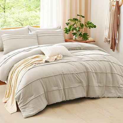 CozyLux King Size Comforter Set Beige, 7 Pieces Soft Pinch Pleat Bed in a Bag King Comforter Set with Sheets, Boho Bed Set with Down Alternative Comforter, Sheets, Pillowcases & Shams