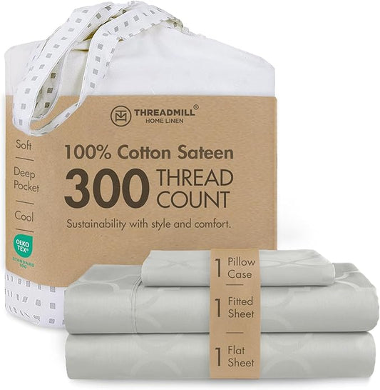 Threadmill Cotton Twin XL Sheet Set | 100% Cotton Sheets for Twin XL Size Bed | Damask Jacquard Sateen Twin XL Bed Sheets Set with 16” Deep Pocket | Soft Breathable 3-Piece Cooling Sheets | Light Grey