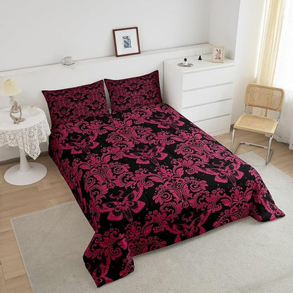 Feelyou Adults Pink Vintage Damask Floral Comforter Set Oriental Antique Comforter King Size Gothic Bohemia Boho Flower Bedding Set Gothic Skull Duvet Set Quilt Set 3Pcs