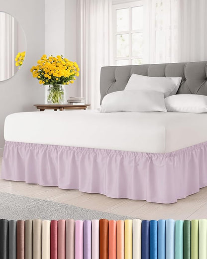 Wrap Around Dust Ruffle Bed Skirt - Light Lavender - for Queen Size Beds w/ 15 Inch Drop - Easy Fit Elastic Strap - Adjustable Pleated Bedskirt w/Brushed Fabric Wrinkle Free, Women, Men, Kids & Teens