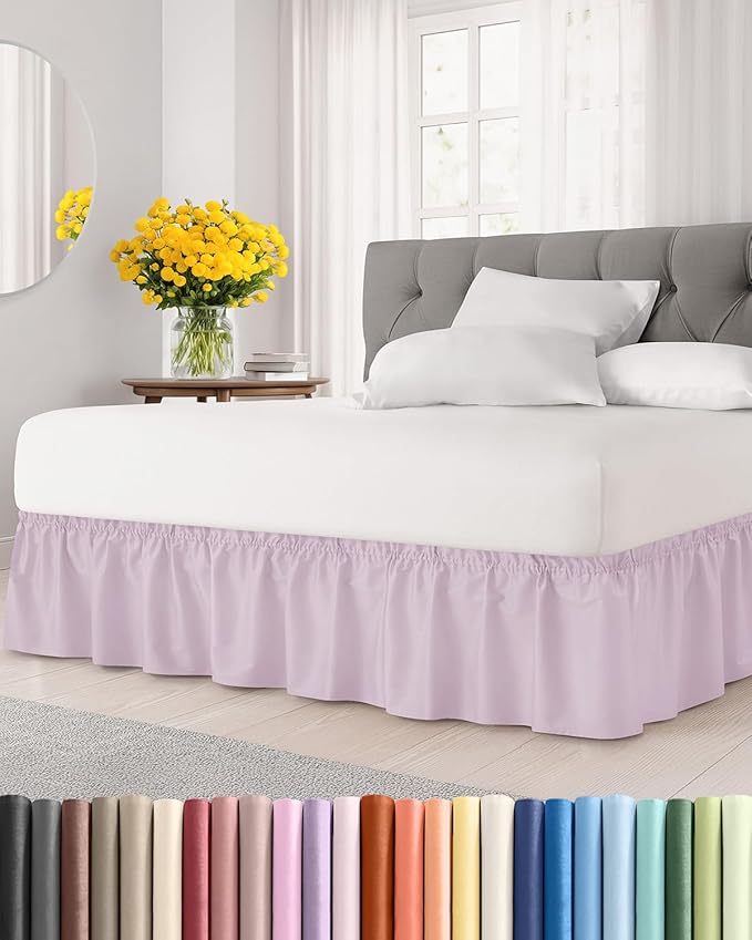 Wrap Around Dust Ruffle Bed Skirt - Light Lavender - for Full Size Beds w/ 15 Inch Drop - Easy Fit Elastic Strap - Adjustable Pleated Bedskirt w/Brushed Fabric Wrinkle Free, Women, Men, Kids & Teens