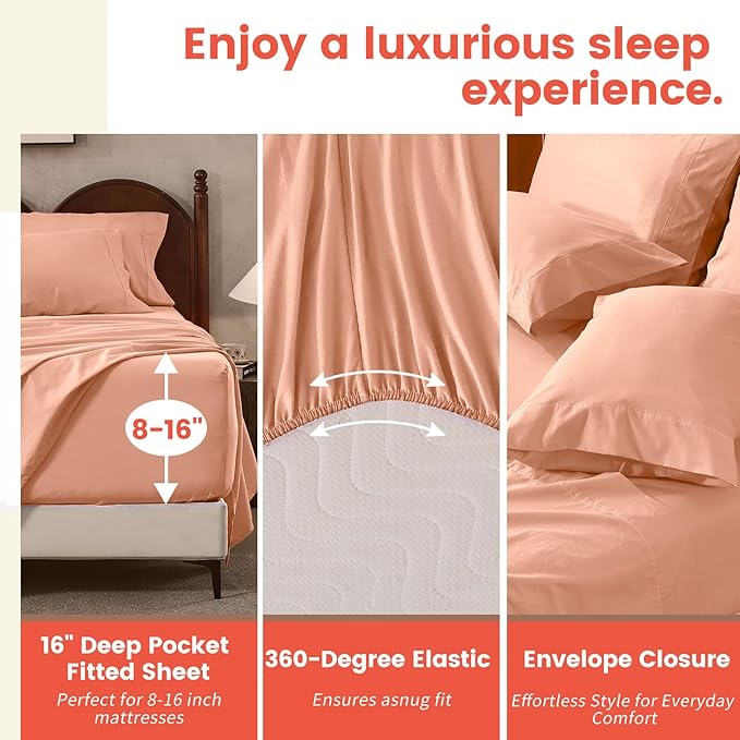 100% Linen Sheets King Size,Breathable & Durable 4-Piece Bed Flax Sheet Set,Soft All-Season Bedding for Hot Sleepers 16" Deep Pocket Oeko-TEX Certified,（King, Light Red）
