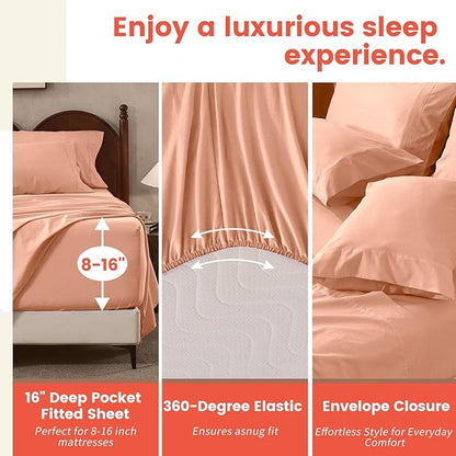100% Linen Sheets King Size,Breathable & Durable 4-Piece Bed Flax Sheet Set,Soft All-Season Bedding for Hot Sleepers 16" Deep Pocket Oeko-TEX Certified,（King, Light Red）