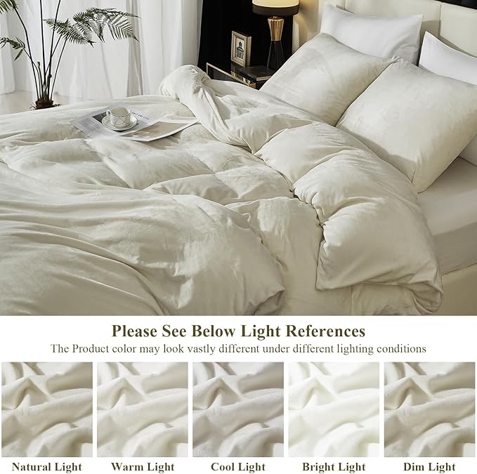 Ivellow Velvet Duvet Cover King Set Beige Velvet Duvet Cover King Comforter Cover 3Pcs Ultra Soft Duvet Cover Breathable Solid Luxury Flannel Velour Duvet Cover Zipper Closure Corner Tie