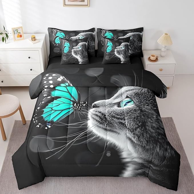 Feelyou Cute Cat Comforter Set 7 Pieces King Size Butterfly Bedding Set for Boys Girls Kawaii Pet Kitten Bed in a Bag with Comforter, Sheets, Pillowcases & Cushion Covers