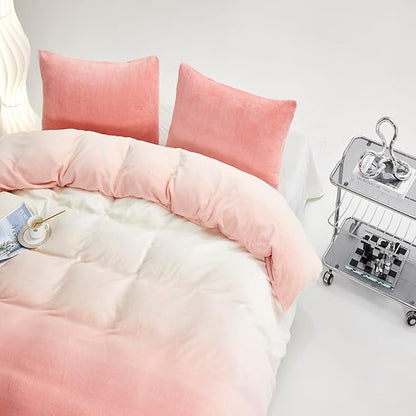 CLOTHKNOW Pink White Velvet Queen Comforter Set Gradient Pink Bedding Comforter Sets Soft Warm Comforter with 2 x Pillow Cases | Soft