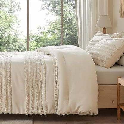 BEDELITE Boho King Size Comforter Set - Beige Tufted Striped Bed Set 3 Pieces, Soft Vintage Farmhouse Comforter for All Seasons, Boho Home Decor,Fluffy Jacquard Bedding with Pillow Sham