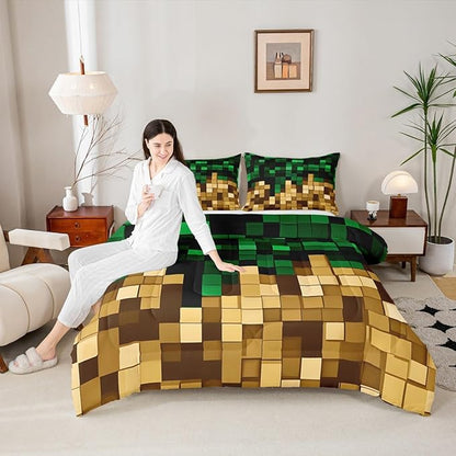 Pixelated Miners Blocks Kid Comforter Set Twin Size,Patchwork Video Games Bedding Set Boy Girl Room Decor,Geometric Patchwork Grid Quilt Comforter,Green Yellow Duvet Set Bedroom Quilt Set,1 Pillowcase