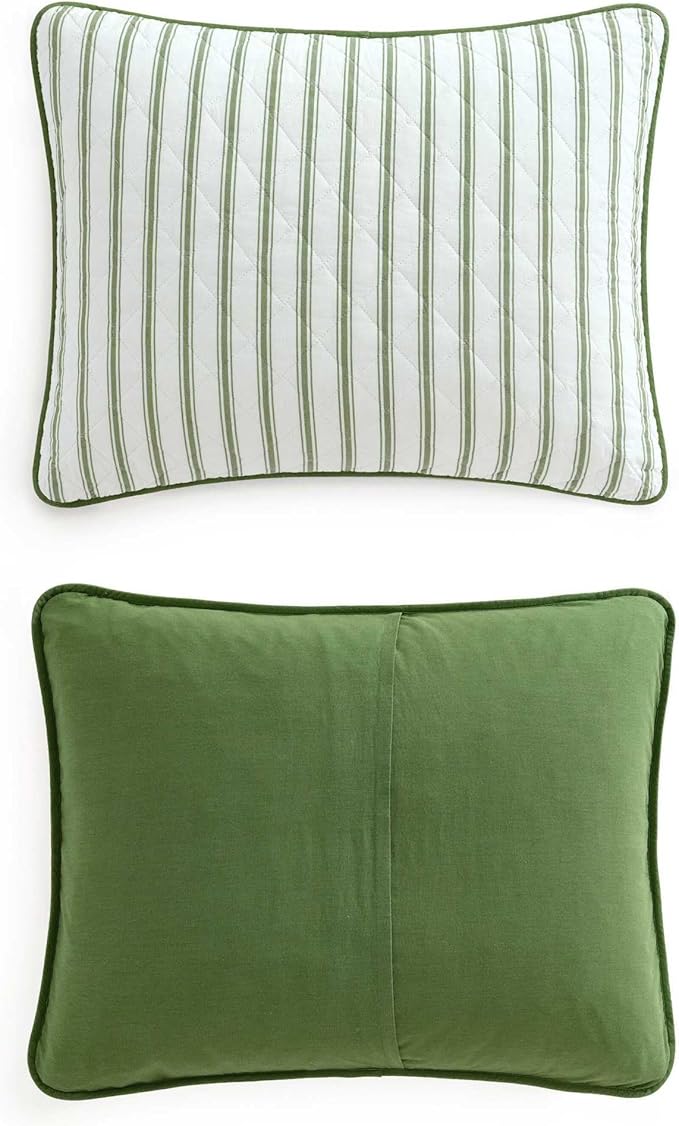 Martha Stewart - Queen Quilt Set, 100% Soft & Breathable Bedding with a Lightweight Feel for Year Round Comfort, 3 Piece Bed Set with Matching Pillowcases (Ticking Stripe Green)