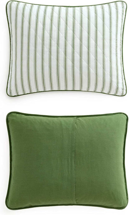 Martha Stewart - Queen Quilt Set, 100% Soft & Breathable Bedding with a Lightweight Feel for Year Round Comfort, 3 Piece Bed Set with Matching Pillowcases (Ticking Stripe Green)