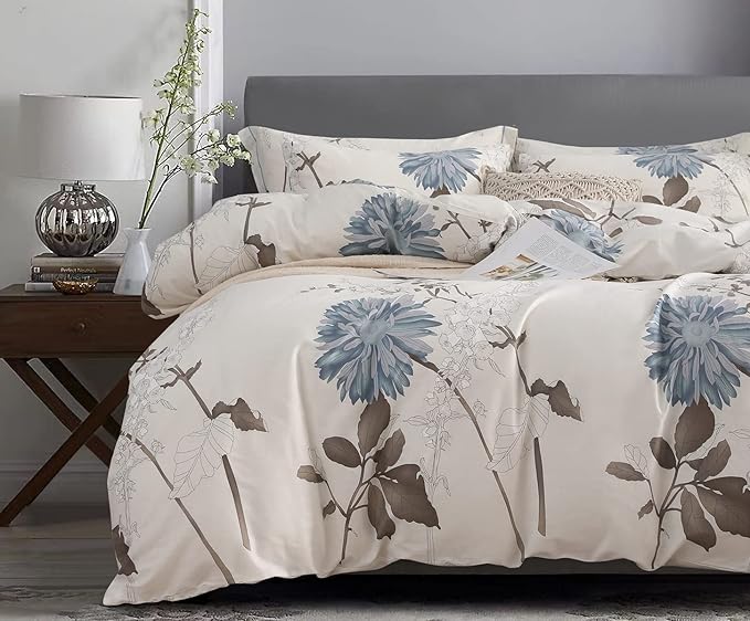 SLEEPBELLA Duvet Cover Queen Size, 600 Thread Count Cotton Botanical Flowers Pattern Printed Reversible Comforter Cover