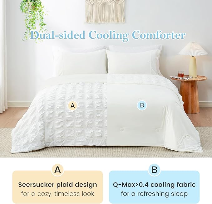 Cozy Bliss Cooling Comforter Seersucker Plaid Full Size, Q-Max 0.45 Lightweight Cooling Blanket, Breathable Silk Smooth Summer Bedding Quilt for Hot Sleepers Night Sweats White