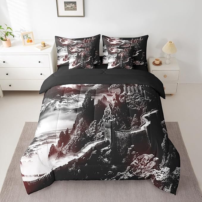 Erosebridal Gothic Dragon Bed in a Bag King Size Comforter Set 7 Pieces,Fantasy Castle Dark Sky Bedding Sets Vintage Mythical Animal Sheet Set with Comforter