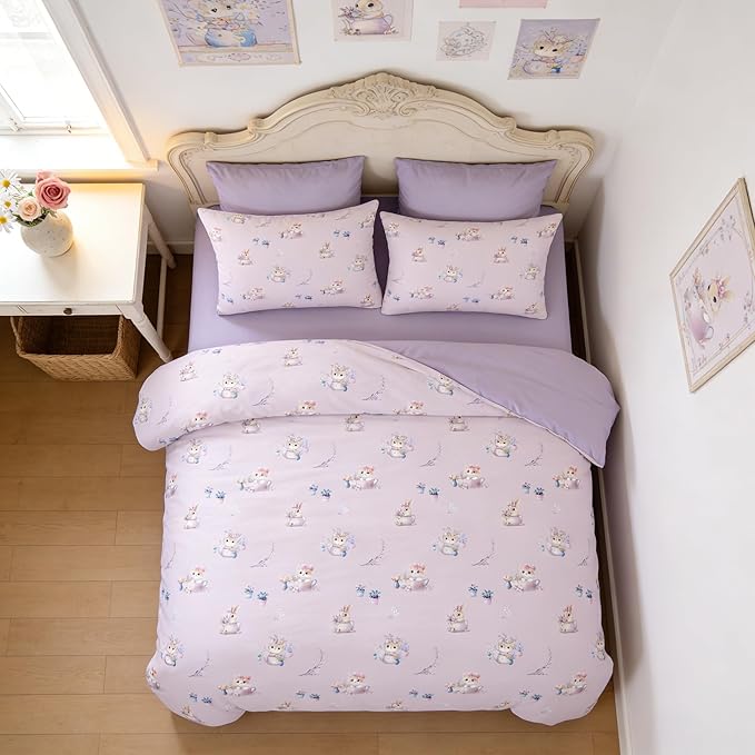 Taro Purple Comforter Set King Size for Girls, 3Pcs Botanical Floral Bedding for Kids Kawaii Bedroom Decor, Cute Priness Girly Cat Kitten Comforter Set with 2 Pillowcases, 90"x90"