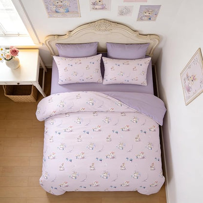 Taro Purple Bed in A Bag Full for Girls, 5Pcs Botanical Floral Bed in A Bag with Sheets, Cute Priness Girly Comforter Set with 2 Pillowcases + 1 Flat Sheet + 1 Fitted Sheet.