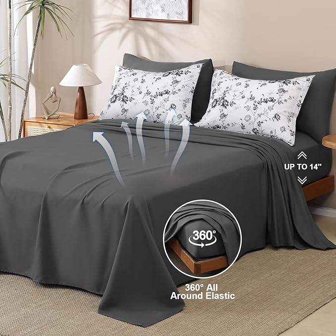 Luxudecor Floral King Comforter Set 7 Pieces Bed in a Bag, Black Rose Romantic Flower Bed Set, Soft Reversible Comforter with Sheet Set 104"x90"