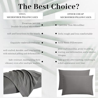 YIYEA Pillow Cases Queen Size Set of 4, Ultra Soft 1800TC Hotel Quality Double Brushed Microfiber Embroidered Pillowcases, Envelope Closure, Fade Resistant (20"x30", Dark Grey)
