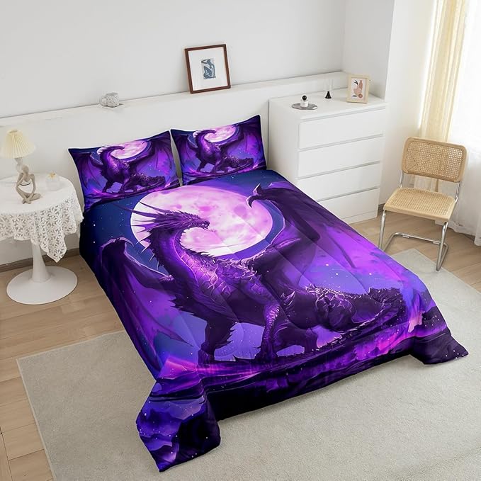 Purple Dragon Comforter Set Full Size,3D Moon Starry Sky Glitter Bedding Set for Kids Boys Girls Room Decor,Wild Animal Print Quilt Set,Flying Magical Dragon Trippy Duvet Insert 3Pcs,2 Pillowcases
