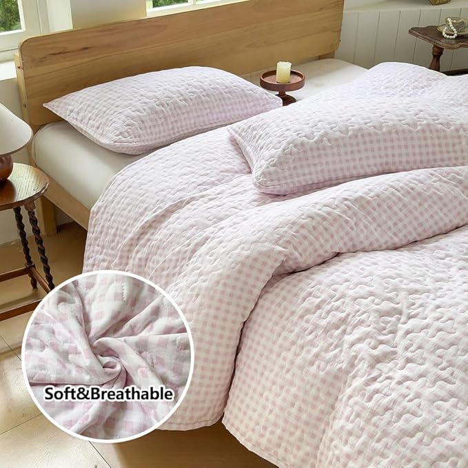NSNLGSGC Pink Gingham Twin Quilt Set, Soft Pre-Washed Microfiber Pink Plaid Twin Bedspread, Lightweight Checked Summer Quilt, Grid Bedding Coverlets for All Seasons