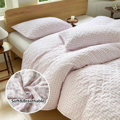 NSNLGSGC Pink Gingham King Quilt Set, Soft Pre-Washed Microfiber Pink Plaid King Bedspread, Lightweight Checked Summer Quilt, Grid Bedding Coverlets for All Seasons