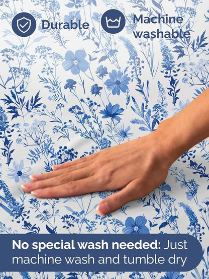 Floral Sheets - White & Blue Bed Sheet Set - 1 Flat, 1 Fitted & 2 Pillowcases w/ Deep Pockets - Comfy, Cozy, Wrinkle & Fade Free - Boho Botanical Bedding - Soft, Breathable & Cooling - Queen Size Set