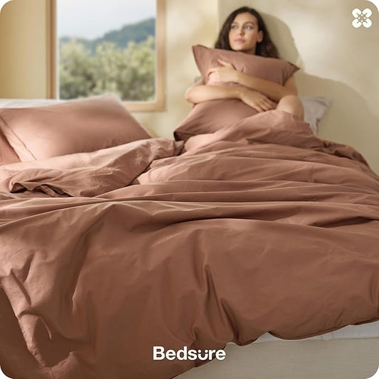Bedsure Cotton Duvet Cover Queen - Luxury Slub Weave 100% Cotton Duvet Cover Set, PureWoven Bedding Set with a Linen Like Textured, Easy Change, Mocha Mousse, 90" x 90"