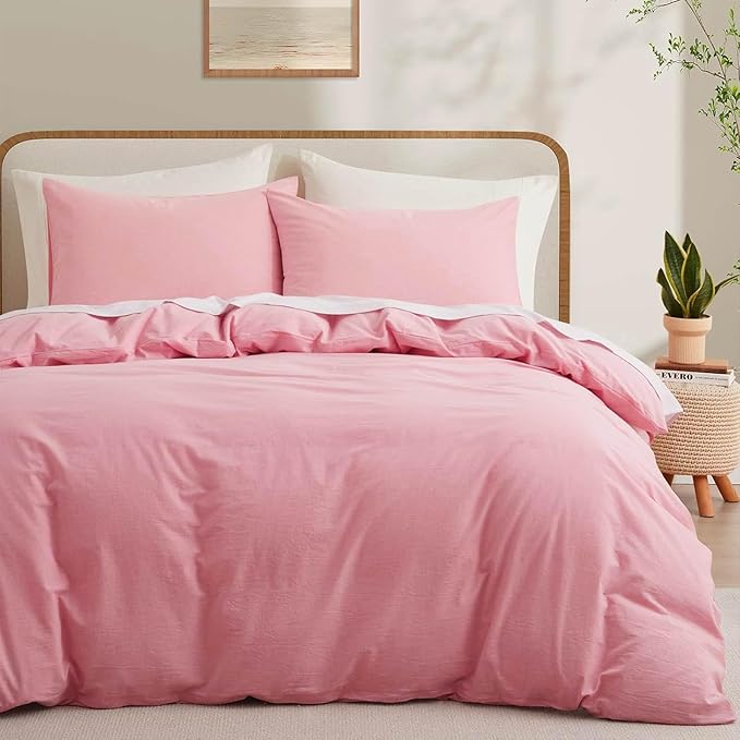 LOVQUE Pink Cotton Duvet Cover King Size, Linen Like Natural Bedding Set with Zipper Closure (No Comforter), 104x90 Inches