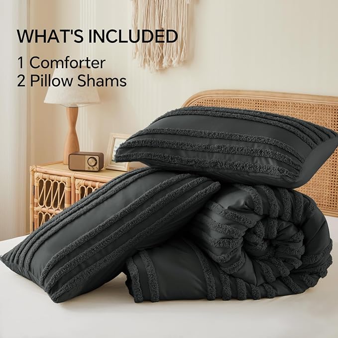 BEDELITE Boho King Size Comforter Set - Dark Grey Tufted Striped Bed Set 3 Pieces, Soft Vintage Farmhouse Comforter for All Seasons, Boho Home Decor,Fluffy Jacquard Bedding with Pillow Sham