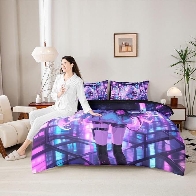 Erosebridal Japanese Girl Bed in A Bag Girly Anime Bedding Set for Kids,Sci Fi Style Gaming Twin Comforter Set 7 Piece Room Decor,3D Cartoon Anime Girl Bed Set