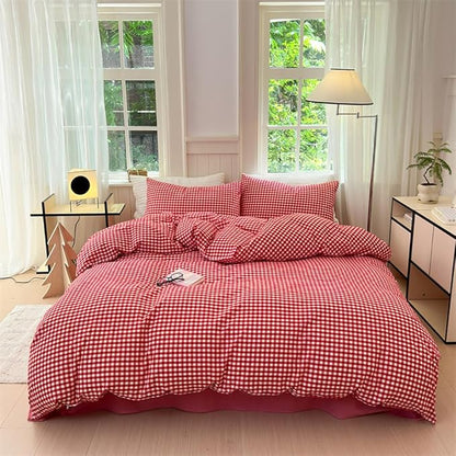 Nayoroom Red Gingham Duvet Cover Queen Size 100% Washed Cotton Plaid Checkered Duvet Cover 3 Pieces Soft Breathable Grid Farmhouse Dorm Bedding Set for All Seasons