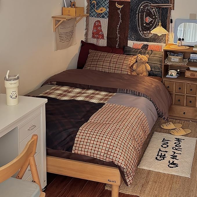 Nayoroom Plaid Duvet Cover Queen Size Vintage Brown Patchwork Checkered Duvet Cover Dorm Bedding Set 3 Pieces Soft Lightweight Washed Microfiber Farmhouse Bedding Set Gifts for Women Men