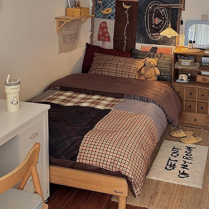 Nayoroom Plaid Duvet Cover Queen Size Vintage Brown Patchwork Checkered Duvet Cover Dorm Bedding Set 3 Pieces Soft Lightweight Washed Microfiber Farmhouse Bedding Set Gifts for Women Men