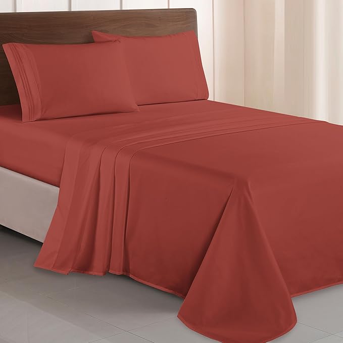 Elegant Comfort Luxurious 1500 Premium Hotel Quality Microfiber Three Line Embroidered Softest 4-Piece Bed Sheet Set, Wrinkle and Fade Resistant, Twin/Twin XL, Rust