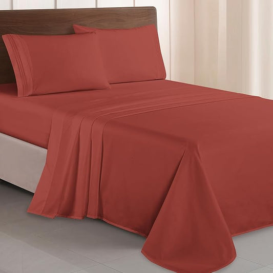 Elegant Comfort Luxurious 1500 Premium Hotel Quality Microfiber Three Line Embroidered Softest 4-Piece Bed Sheet Set, Wrinkle and Fade Resistant, Twin/Twin XL, Rust