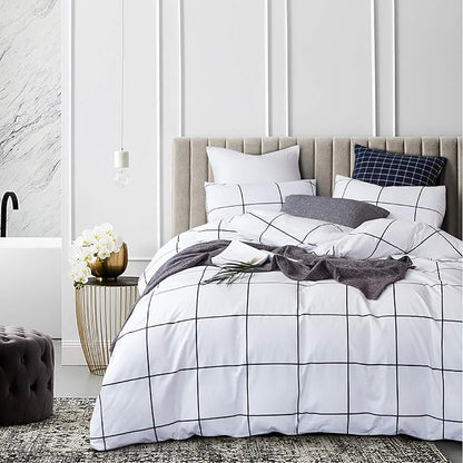 CLOTHKNOW White Plaid Twin/Twin XL Comforter Set Grid Bedding Comforter Sets White Black Comforter with 2 x Pillow Cases