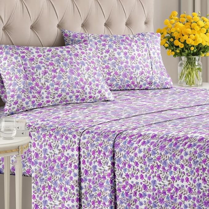 Floral Sheets - Purple Floral Bed Sheet Set - 1 Flat, 1 Fitted & 2 Pillowcases w/ Deep Pockets - Comfy, Wrinkle & Fade Free Boho Botanical Bedding - Soft, Breathable & Cooling - New King Size