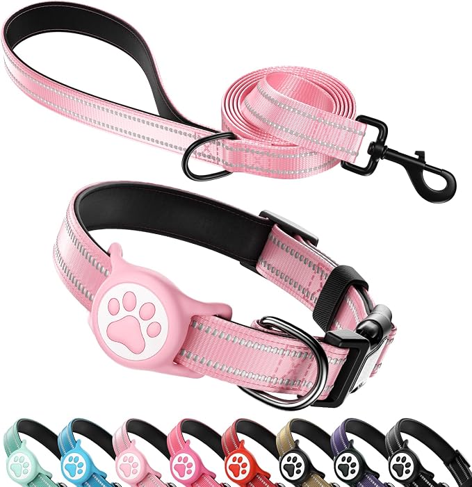 Airtag Dog Collar and Leash Set,Reflective Ultra-Durable Nylon Padded with QR Buckle & IP68 Waterproof Air Tag Holder Compatible for Apple AirTag, Comfortable for Small Medium Large Dogs (Pink Set,S)