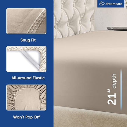 DREAMCARE King Size Sheets Set – 6 pcs Cooling Bed Sheets – up to 21” Deep Pocket King Sheet Set – 2500 Supreme Collection – Extra Soft 100% Brushed Microfiber Hotel Luxury with Side Pocket – Beige
