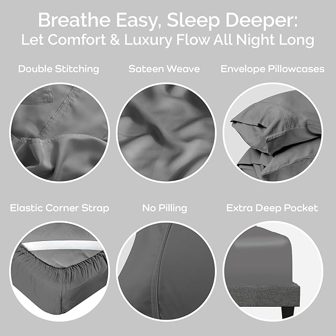 Viscose Bamboo Bed Sheets Full Sizes 4PC Set - Cooling Bedding for Hot Sleepers with Moisture Wicking Technology - Silky Soft 16 Inch Deep Pocket - Steel 54"x75"