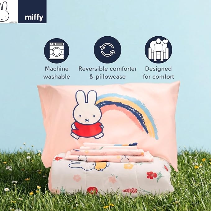 Miffy Bedding Set, Twin Size 5-Piece Super Soft Fluffy Reversible Comforter & Sheet Set with Sham, (100% Officially Licensed Product) By Franco Collectibles