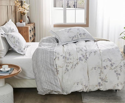 SLEEPBELLA Reversible Duvet Cover King, Elegant Purple Blossom on White, Soft and Breathable