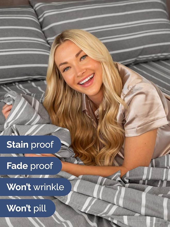 Extra Deep Full Sheet Set - 6 Piece Breathable and Cooling Sheets - Hotel Luxury Bedding for Women, Men, Kids & Teens - Easy & Secure Fit - Soft and Wrinkle Free - Extra Deep Pockets - Grey Stripes