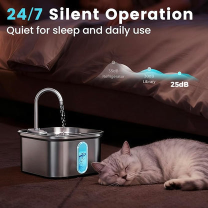 Cat Water Fountain Stainless Steel, 108oz/3.2L with 1 Filter | Auto Shut Off, Quiet Pump, Water Level Indicator, Dry-Run Protection, Large Square Pet Water Dispenser for Cats and Dogs
